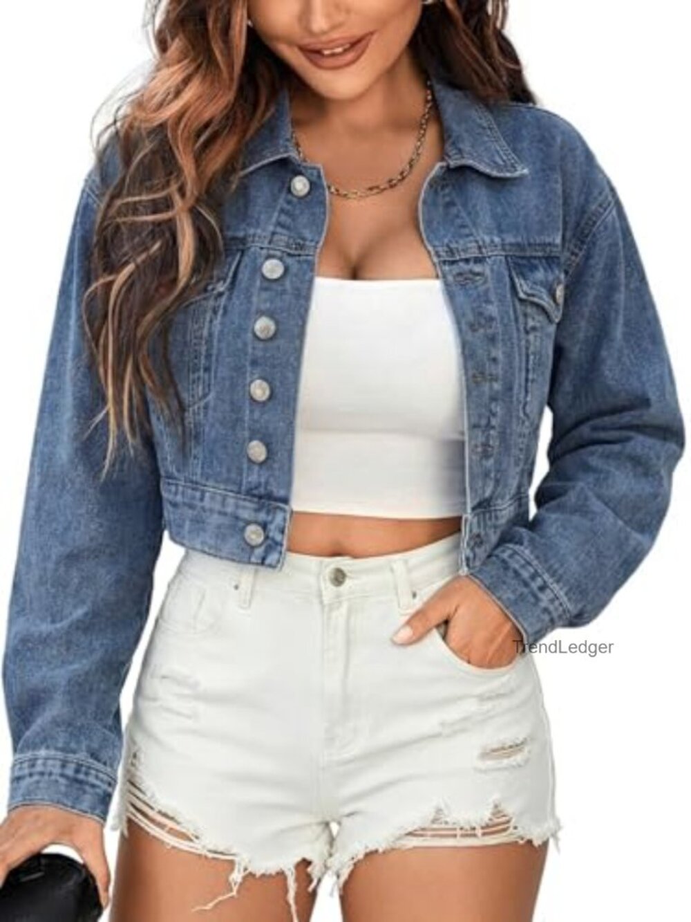 Cropped Denim Jacket Vintage Wash Four-Pocket Button Front